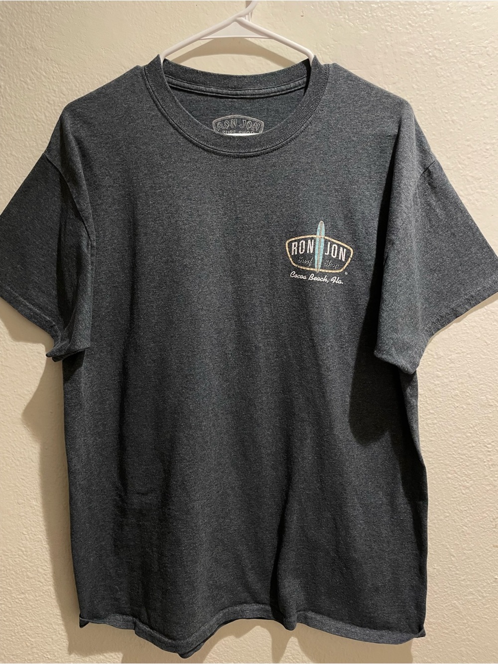 Ron Jon Surf Shop Cocoa Beach FL Gray Double-Sided Graphic Logo Tee Men's L